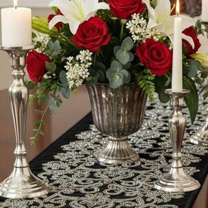 Beaded Velvet Table Runner, Black & Silver/Gold0 Beads, Elegant Decor